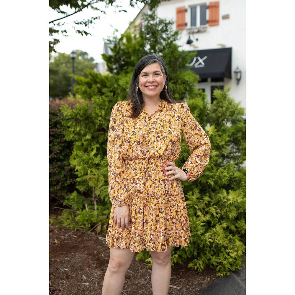 NEW VOY smocked waist ruffle skirt floral dress in mustard